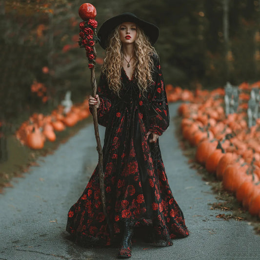 Women's Classic Halloween Rose And Spider Web Art Comfy Velvet Maxi Dress