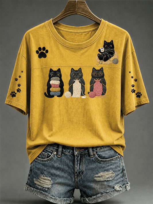 Women's knitted kitten print crew neck sweater top