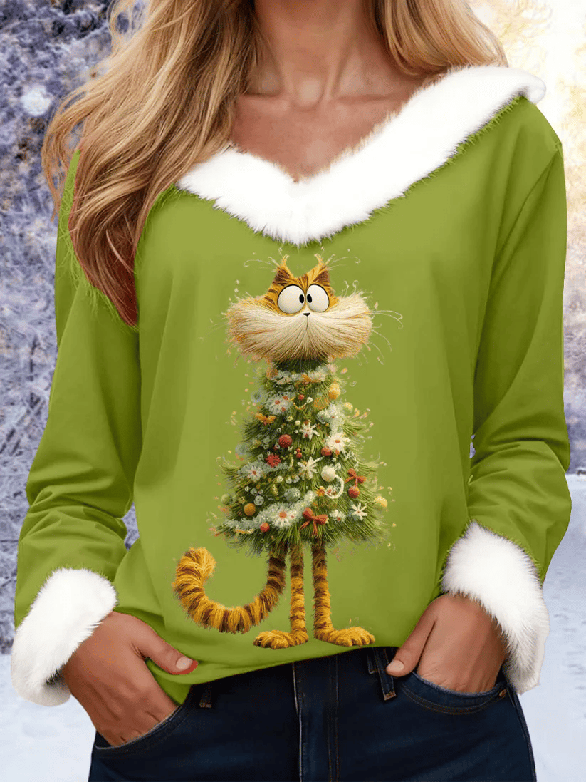 Women's Christmas Cute Cat Fur Collar Sweatshirt