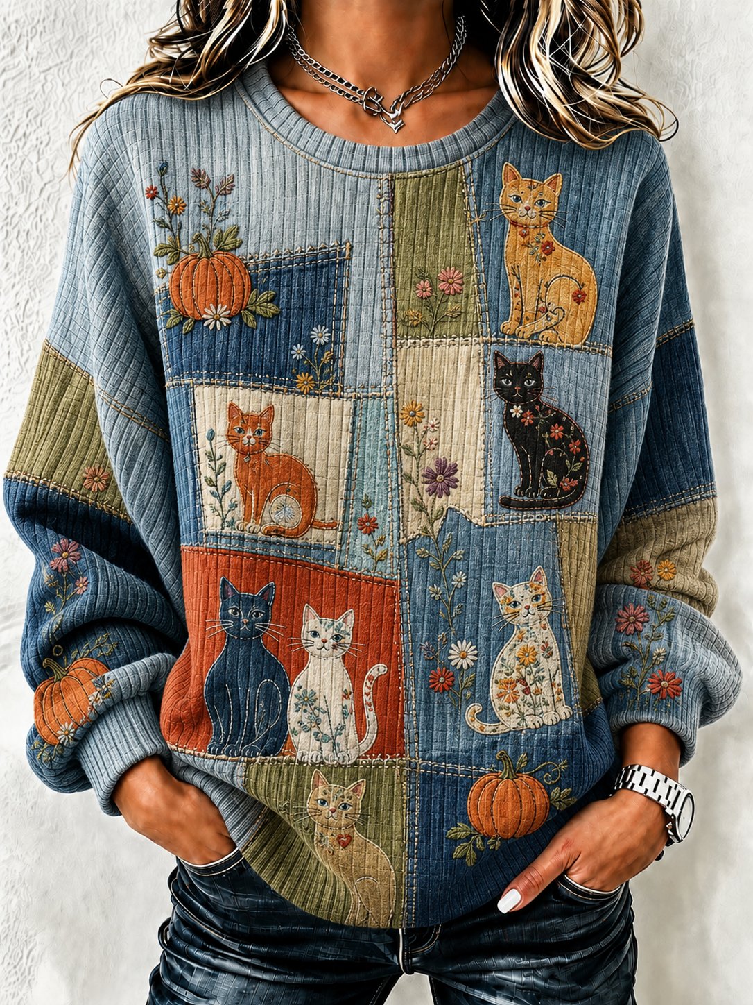 Women's Vintage Farm Cat Print Sweatshirt