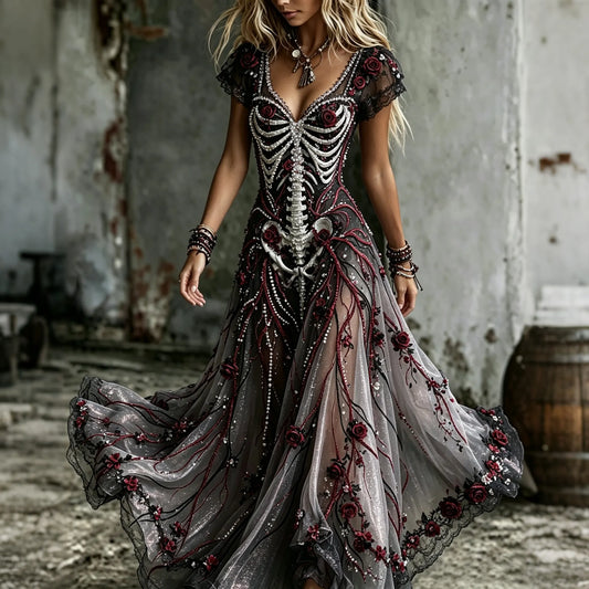 Women's Retro Gothic Skull Floral Pattern Short Sleeves Maxi Halloween Dress