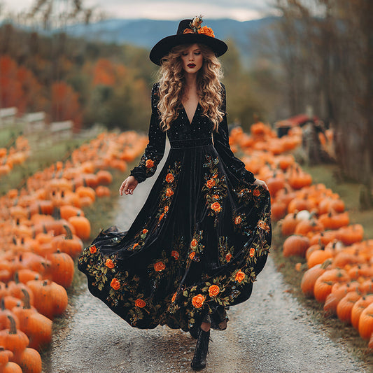 Women's Vintage Halloween Autumn Floral Art Comfy Velvet Maxi Dress