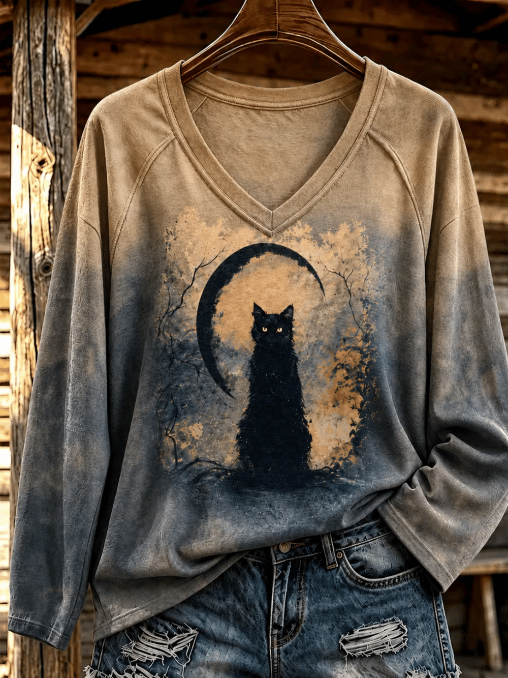 Women'S Halloween Cat Art Printed Top