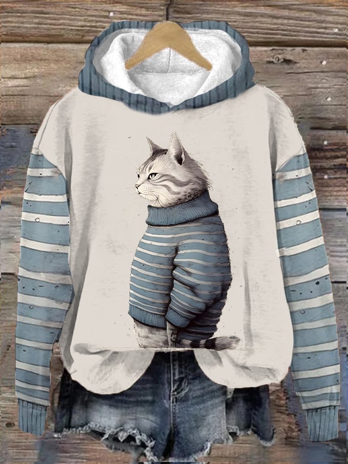 Women's Winter Funny Cute Wonderland Clothing Cat Printed Hooded Sweatshirt