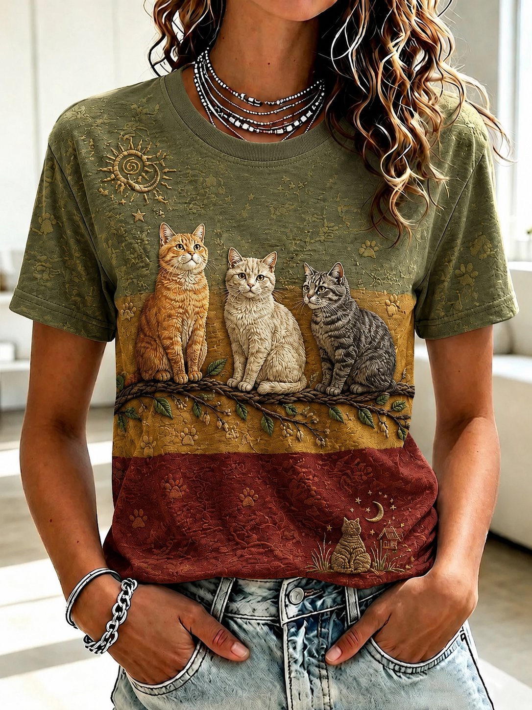 Women's Vintage Garden Cat Print T-Shirt
