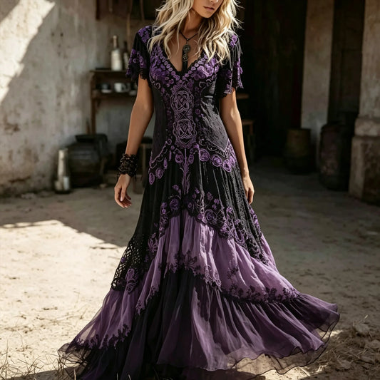 Women's Vintage Viking Celtic Knot And Rose Patchwork V-neck Dress