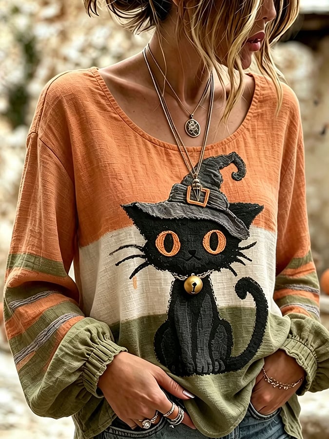 Women's Vintage Halloween Artistic Cat Print Long-Sleeve Top