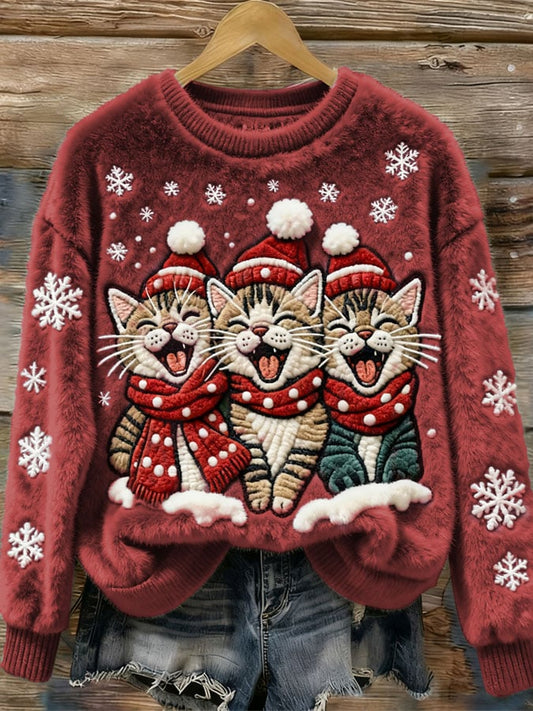 Women's Casual Christmas Cute Cat Print Long Sleeve Sweatshirt