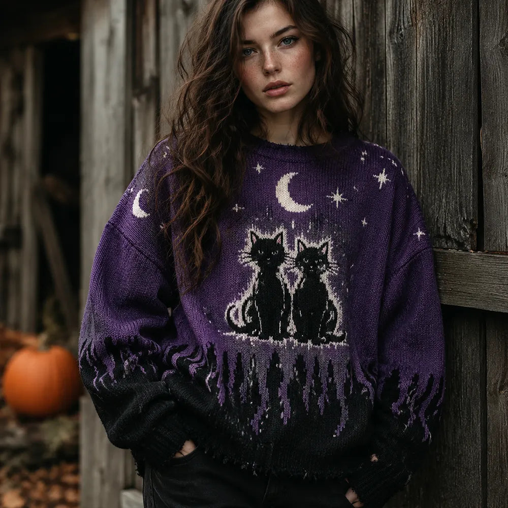 Women's Boho Celestial Moon And Star Pattern Oversized Sweater With Fringe Hem