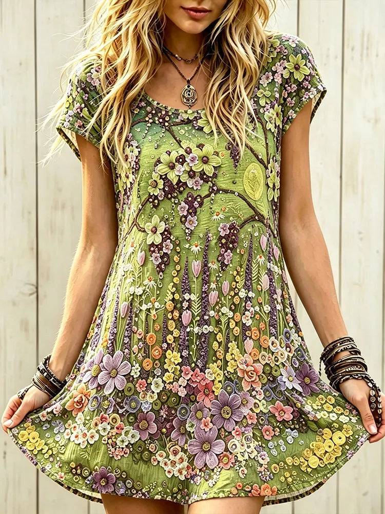 Vintage Floral Art Blend Cotton And Linen Crew Neck Short Sleeve Casual Dress