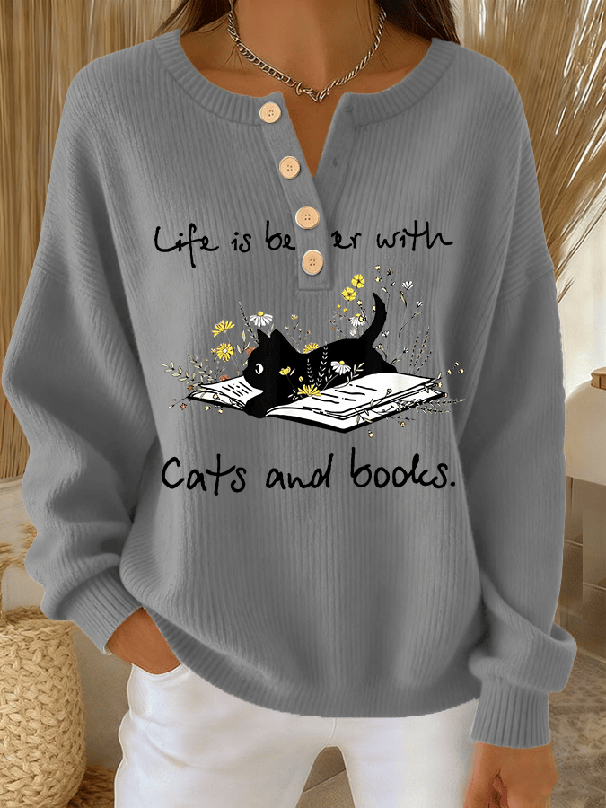 Women's Cute Cat Print Knit Button Top