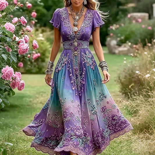 Women's Retro Rose Floral Art V Neck Gradient Short Sleeve Maxi Dress