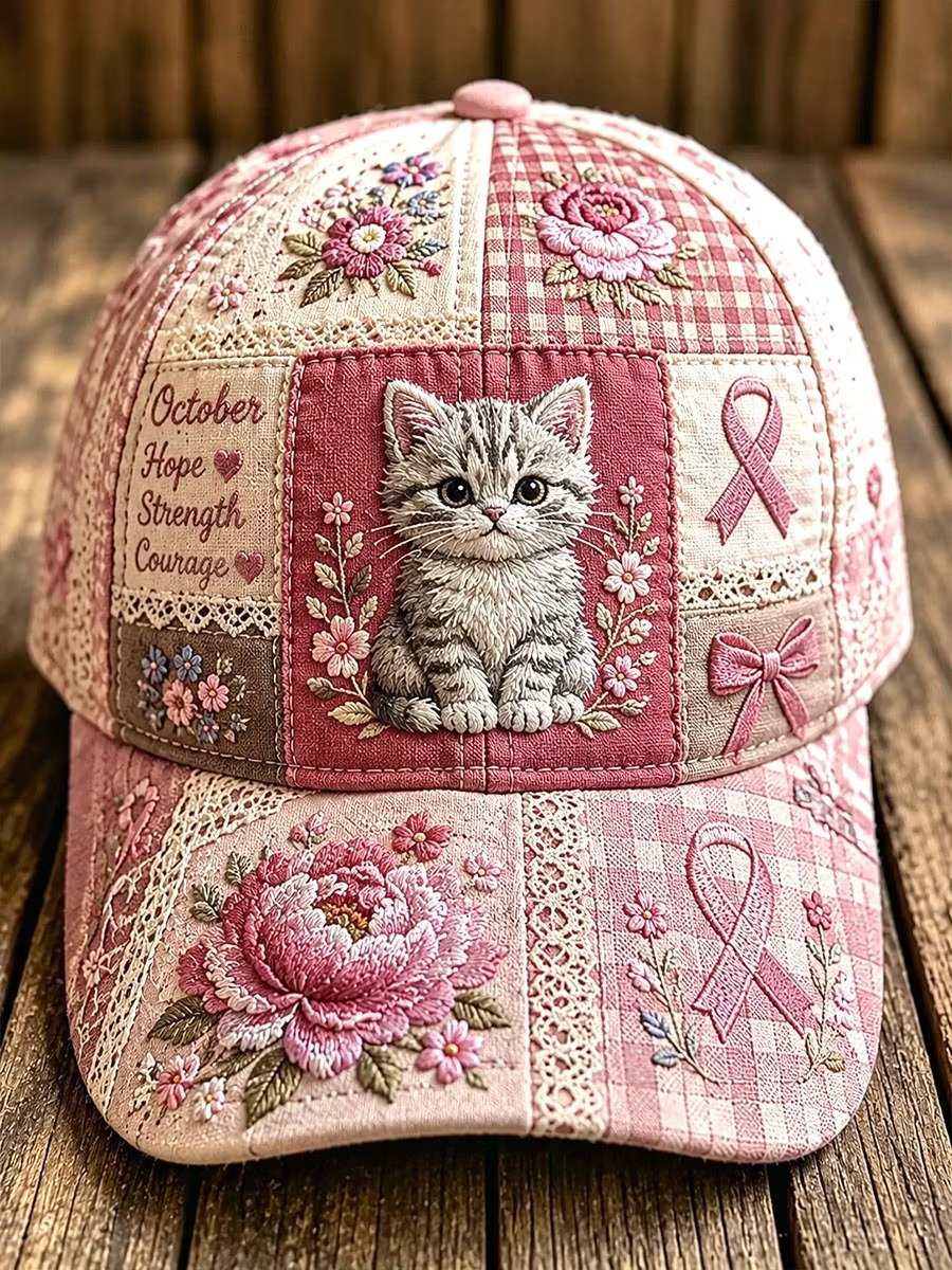 Breast Cancer Awareness Pink Ribbon Cat & Floral Patchwork Baseball Cap