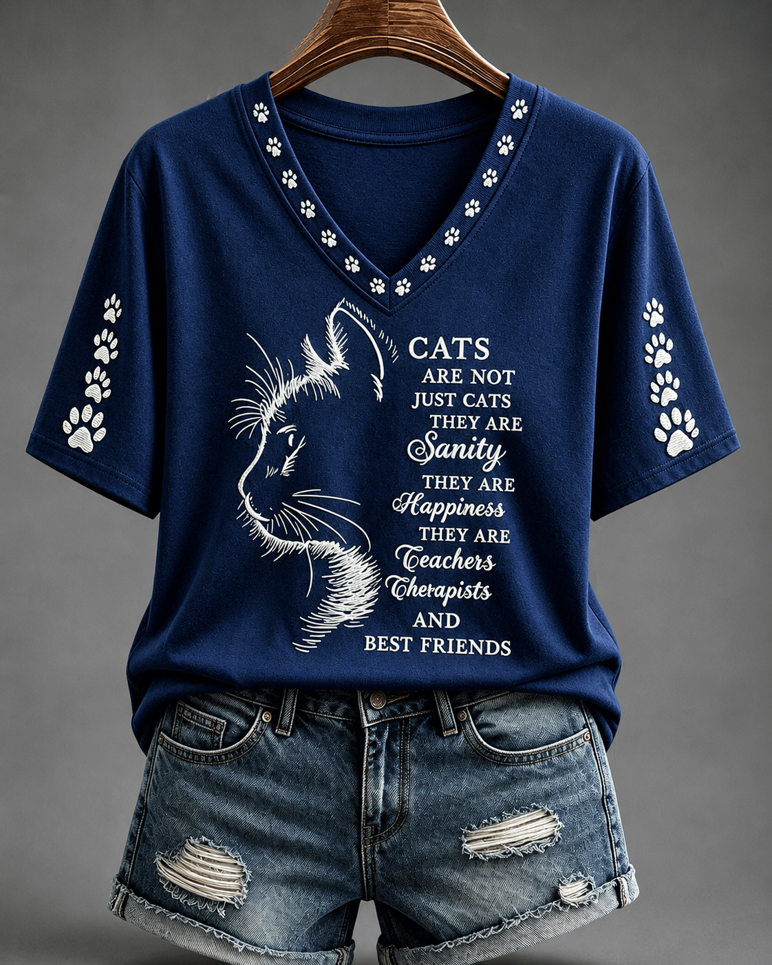 Women's Cat Print V-Neck Top
