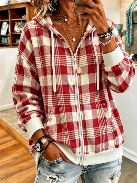 Women Pink Art Plaid Long Sleeve Hoodie Casual Jacket Outerwear