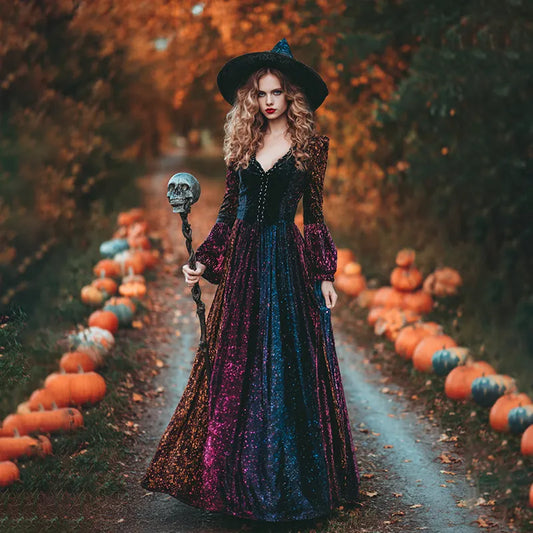 Women's Vintage Halloween Gradient Rainbow Gliter Art Comfy Velvet Maxi Dress