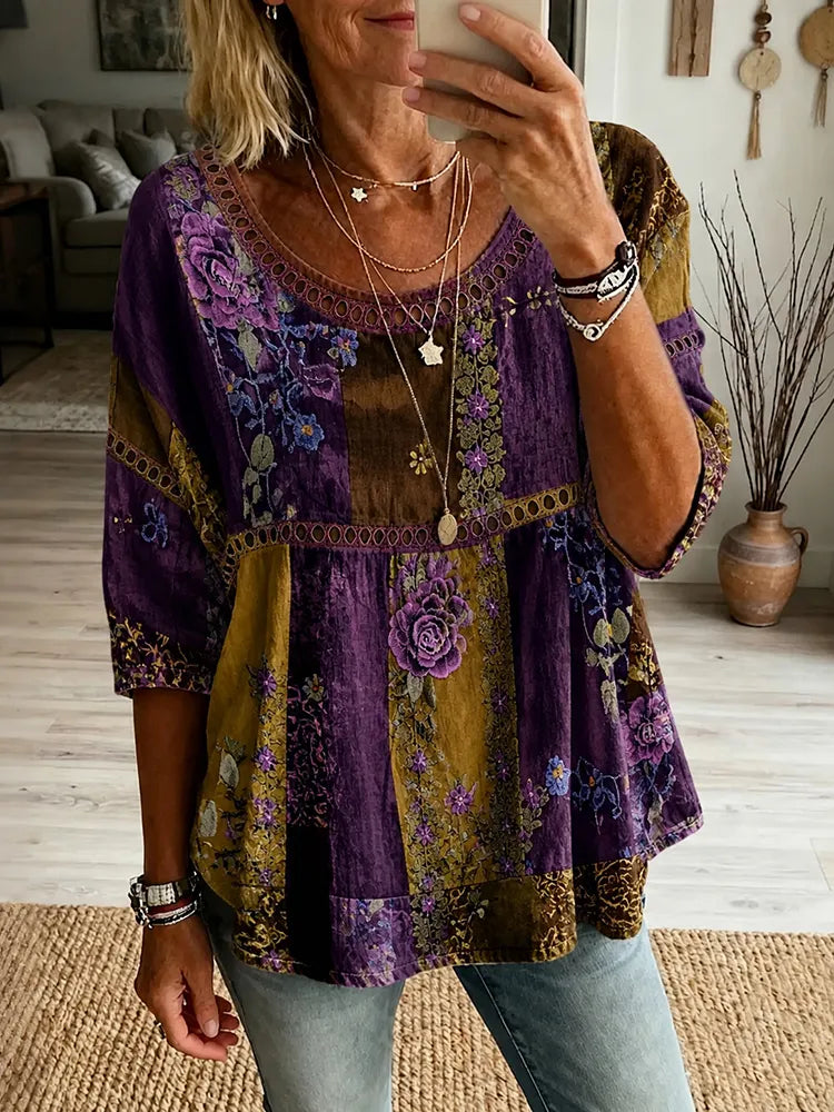 Women's Retro Purple Floral Patchwork Pattern Casual Shirt