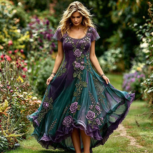 Women's Vintage Purple Rose Embroidery Pattern Linen Blend Casual Maxi Dress