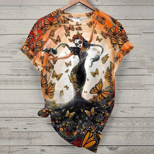 Mexican La Catrina In Butterfly Dia De Los Muertos Art Pattern Print Cotton Graphic T-Shirt
