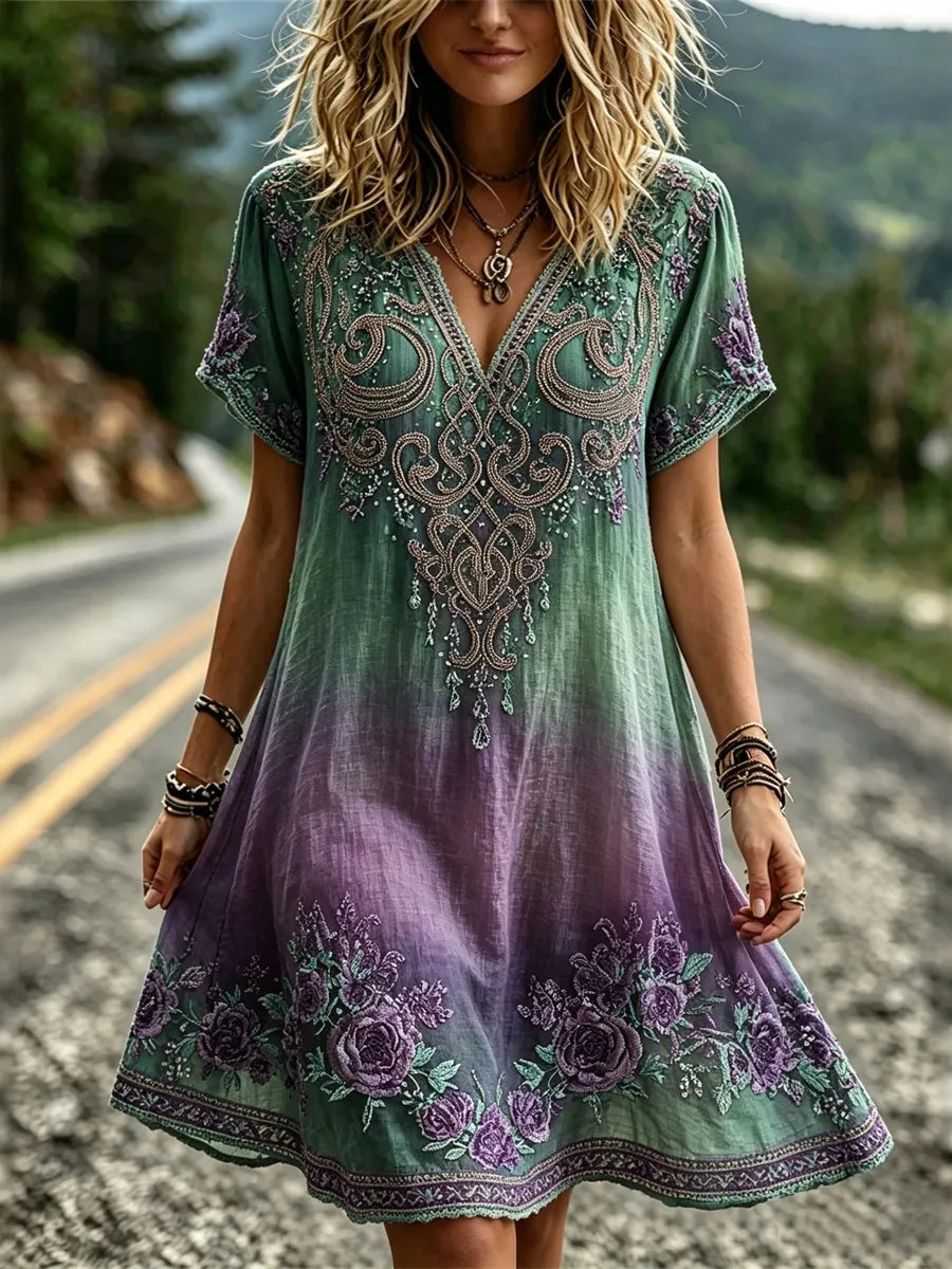Women's Retro Purple Floral Print Alzheimer's Awareness Casual Mini Dress