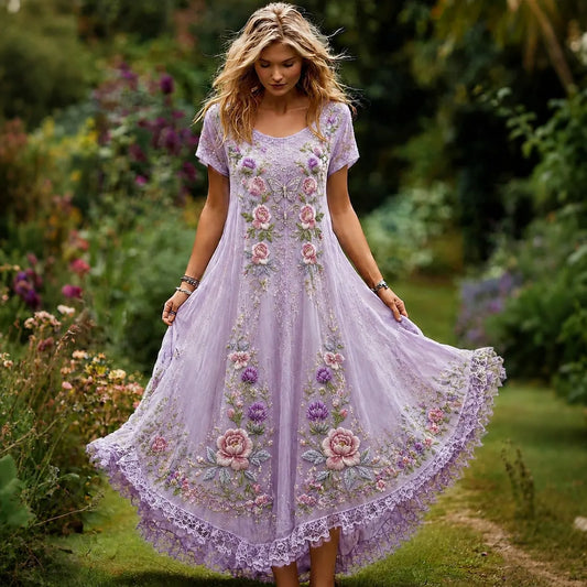 Women's Vintage Floral And Butterfly Embroidery Art Flowy Short Sleeve Maxi Dress
