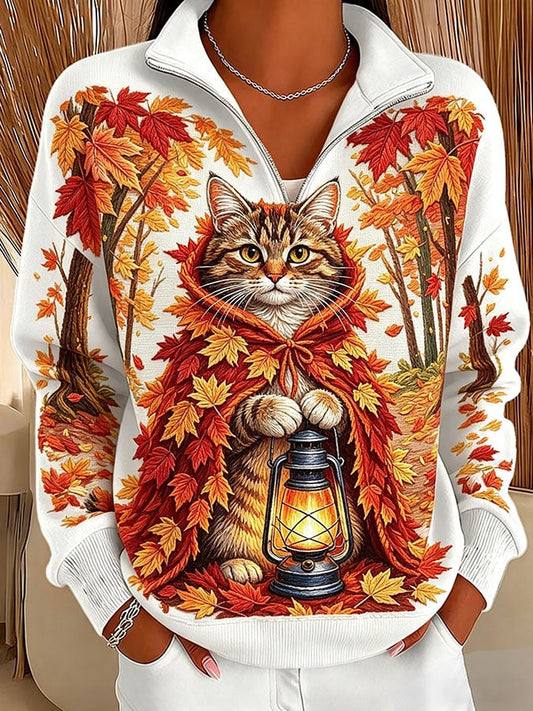 Women's Casual Printed Zipper Collar Long-Sleeve Sweatshirt