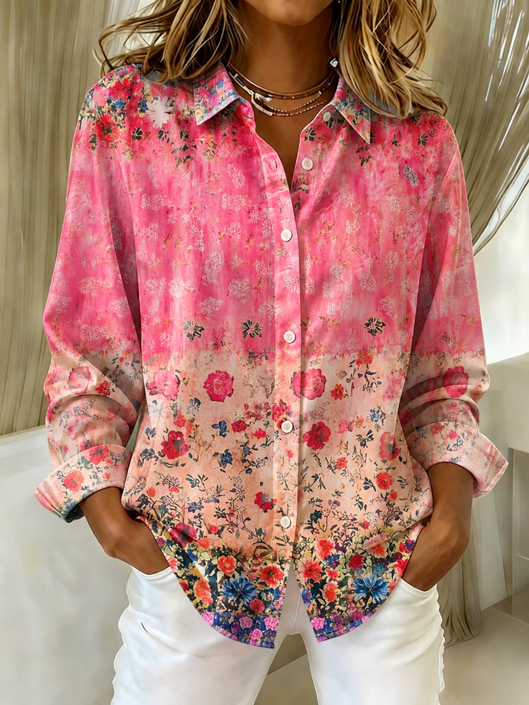 Women'S Floral Print Lapel Long Sleeve Shirt
