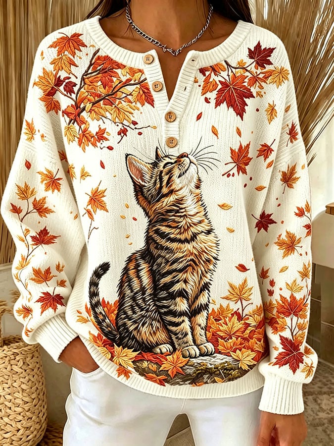 Women's Casual Print Button-Up Collar Knit Top