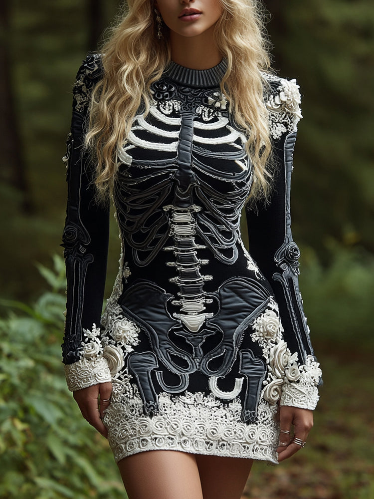 Women's Halloween Skeleton Bones Leather With Rose Pattern Art Hot Sexy Style Cozy Knit Mini Sweater Dress
