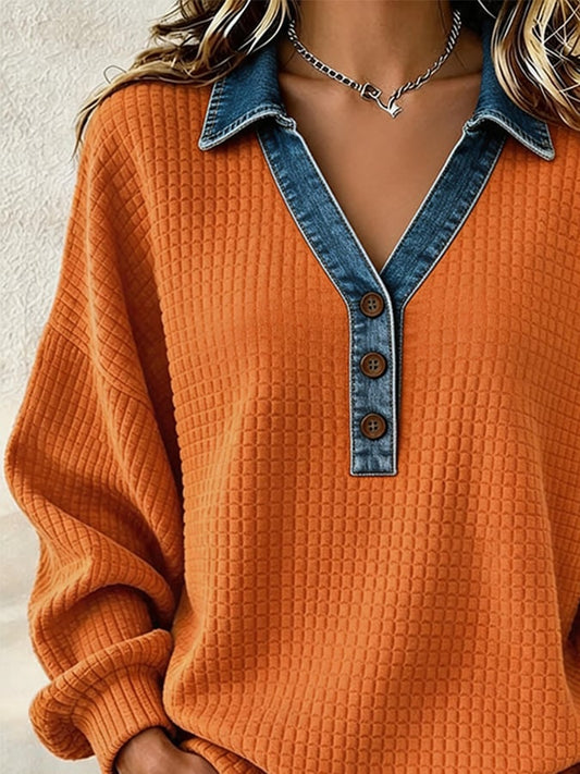 Women's Casual Color-Block Lapel Sweatshirt