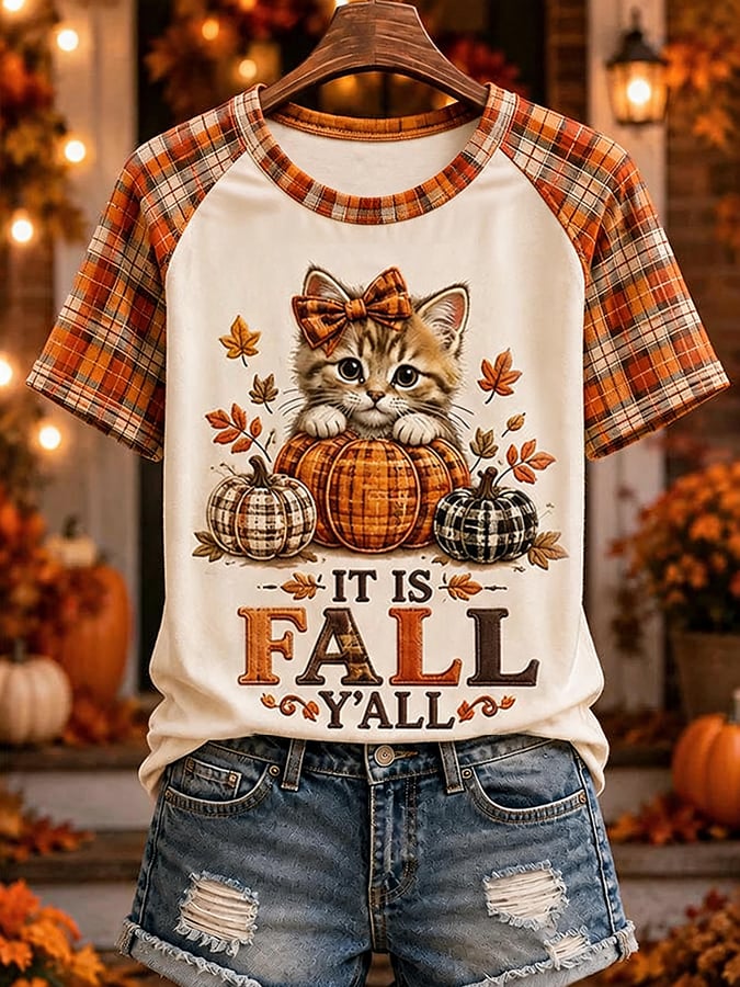 Women'S Autumn Cute Cat Pumpkin Plaid Print Casual T-Shirt