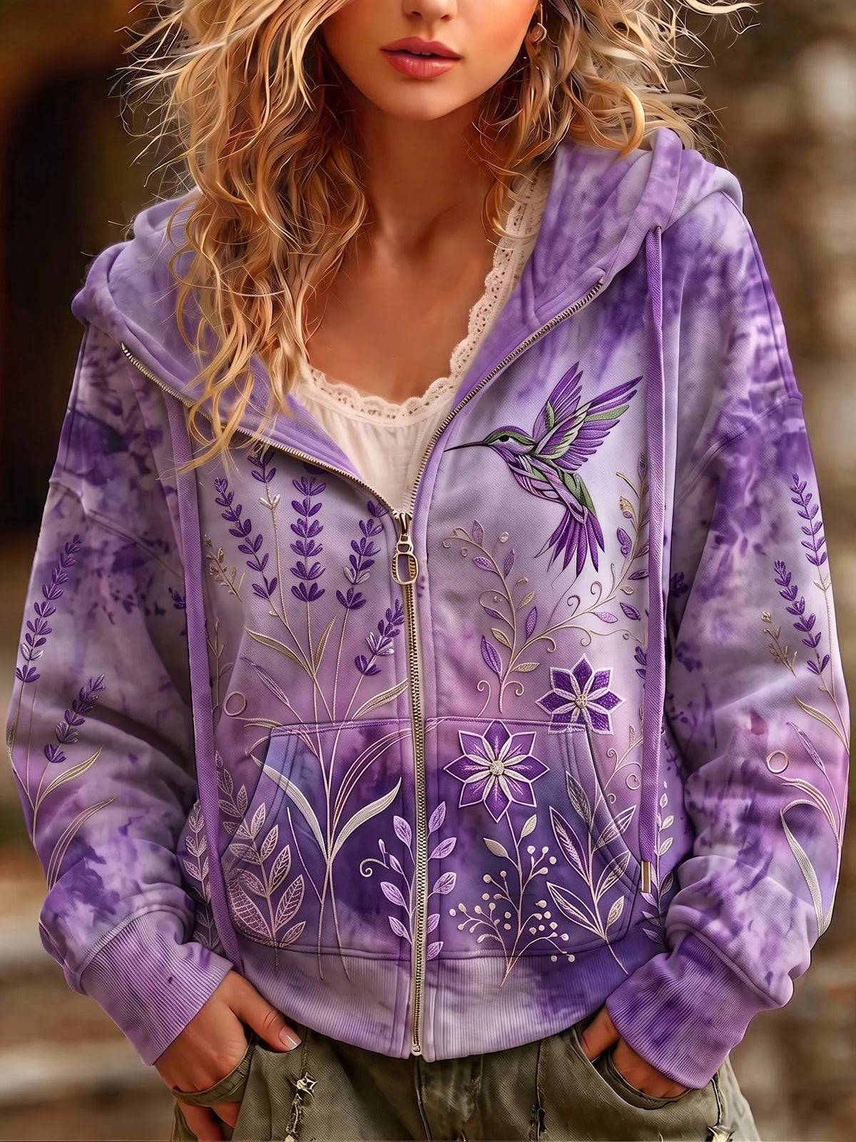 Women's Retro Floral And Hummingbird Art Print Casual Zip Up Hoodie