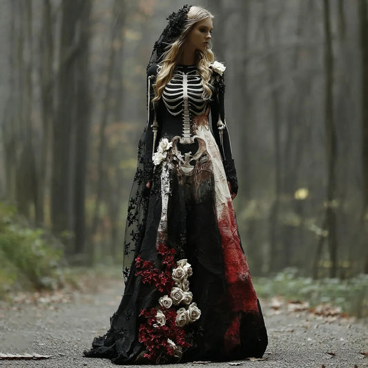 Halloween Skeleton Bones With Rose Art Linen Maxi Dress