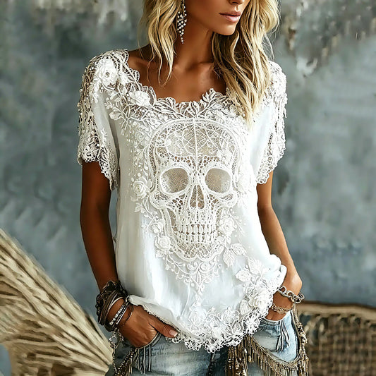 Women's Vintage Skull Floral Art Linen Blend Short Sleeve Tops
