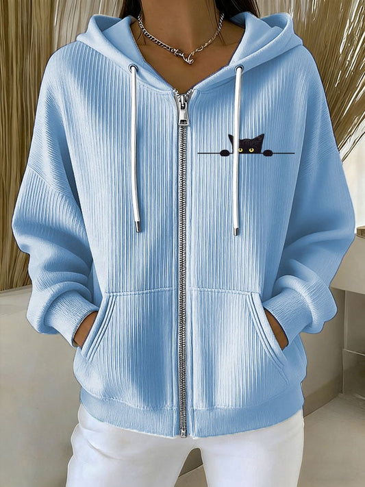 Women's Casual Cat Print Textured Sweatshirt Jacket