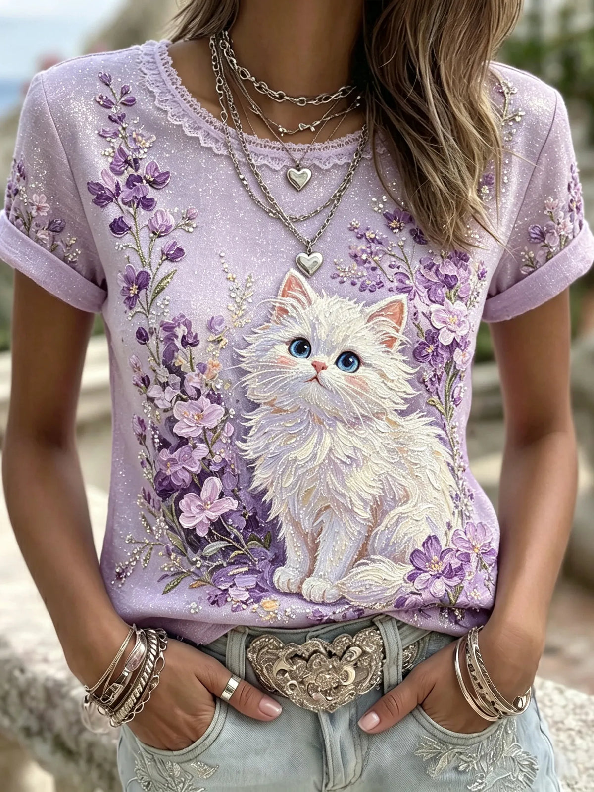 Women's Cute Cat And Flower Art Pattern Crew Neck Short Sleeve T-shirt