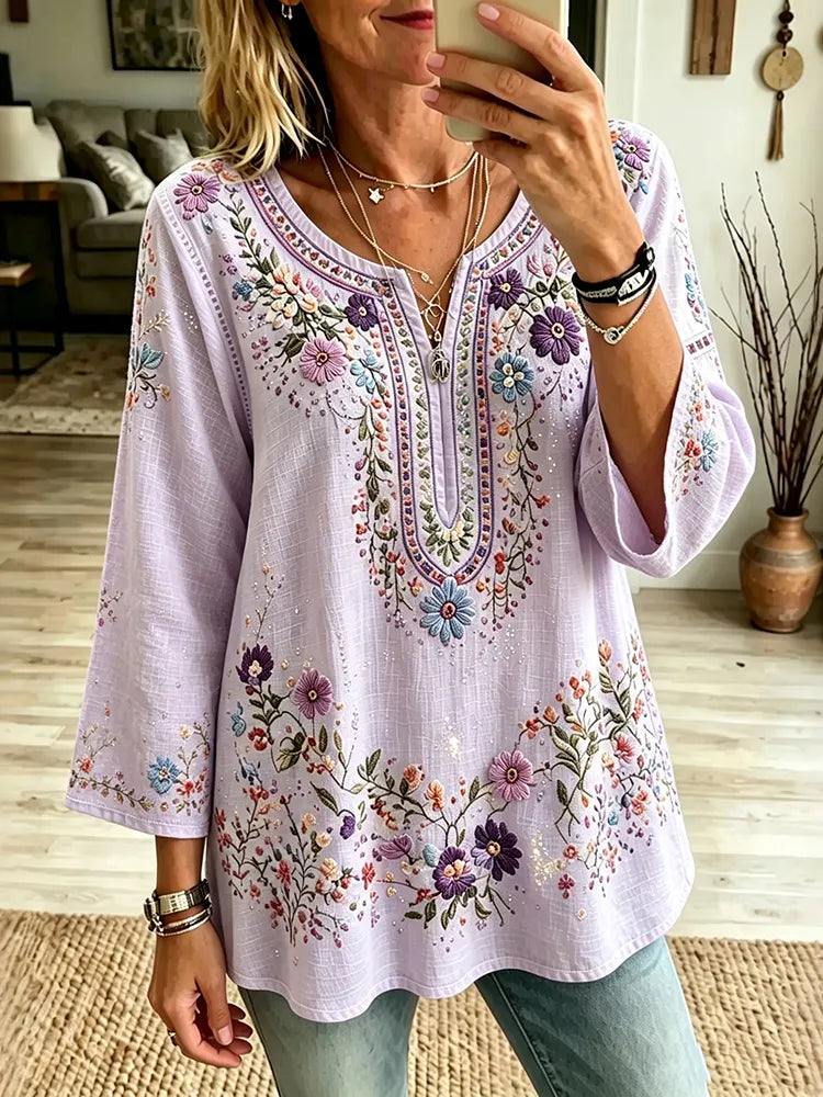 Women's Retro Purple Floral Art Cotton Linen V Neck T-shirt