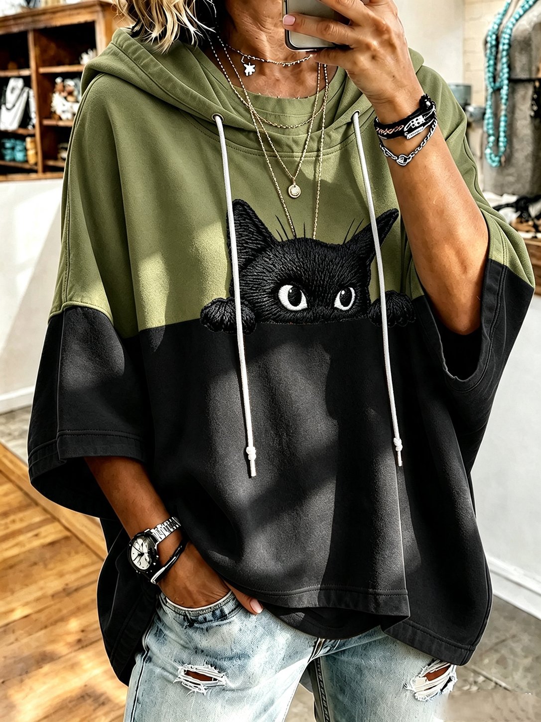Women's Halloween Mysterious Black Cat Print Hoodie