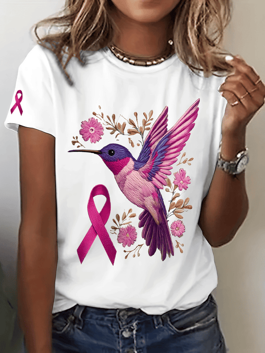 Women's Breast Cancer Hummingbird Print Crew Neck T-Shirt