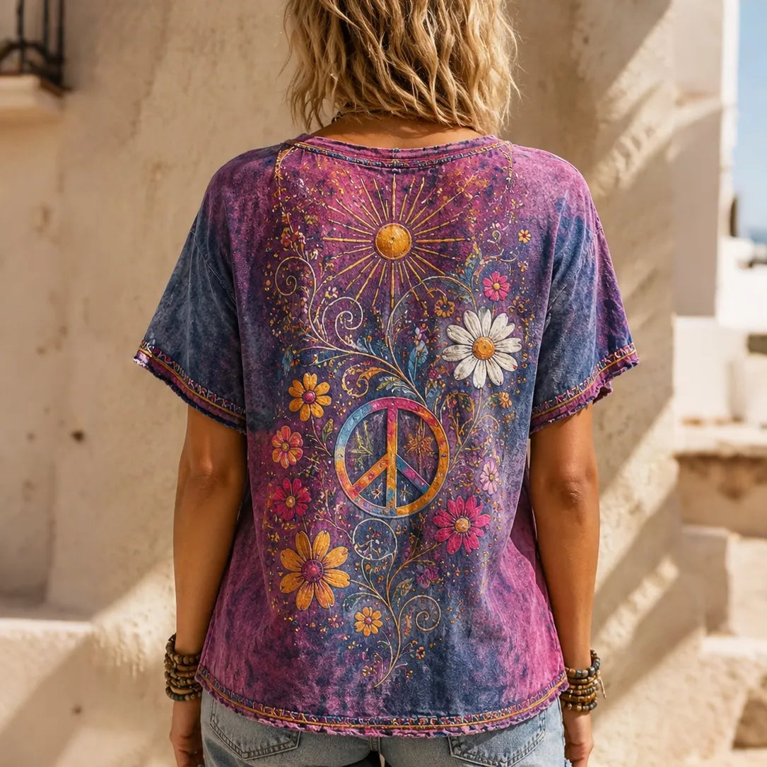 Vintage Floral Peace Sign Gradient Linen T-shirt
