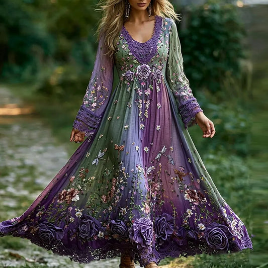 Women's Vintage Floral And Dragonfly Art Gradient Color Cotton And Linen V-neck Long Sleeve Maxi Dress
