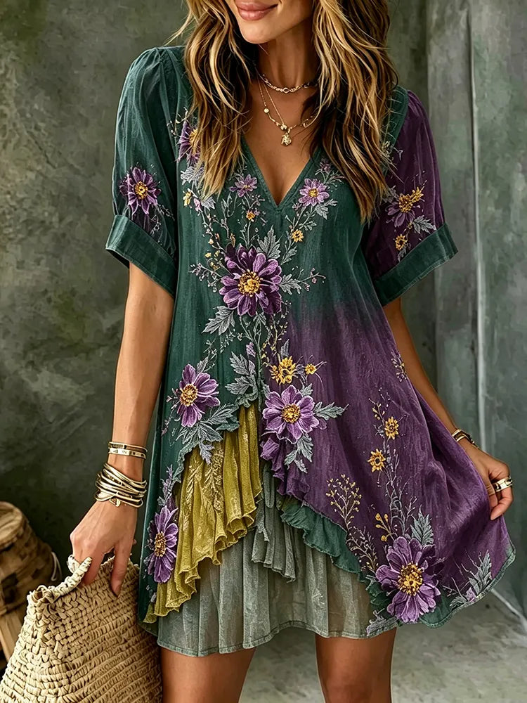 Women's Retro Purple Rose Patchwork Embroidery Pattern Casual V-neck Dress