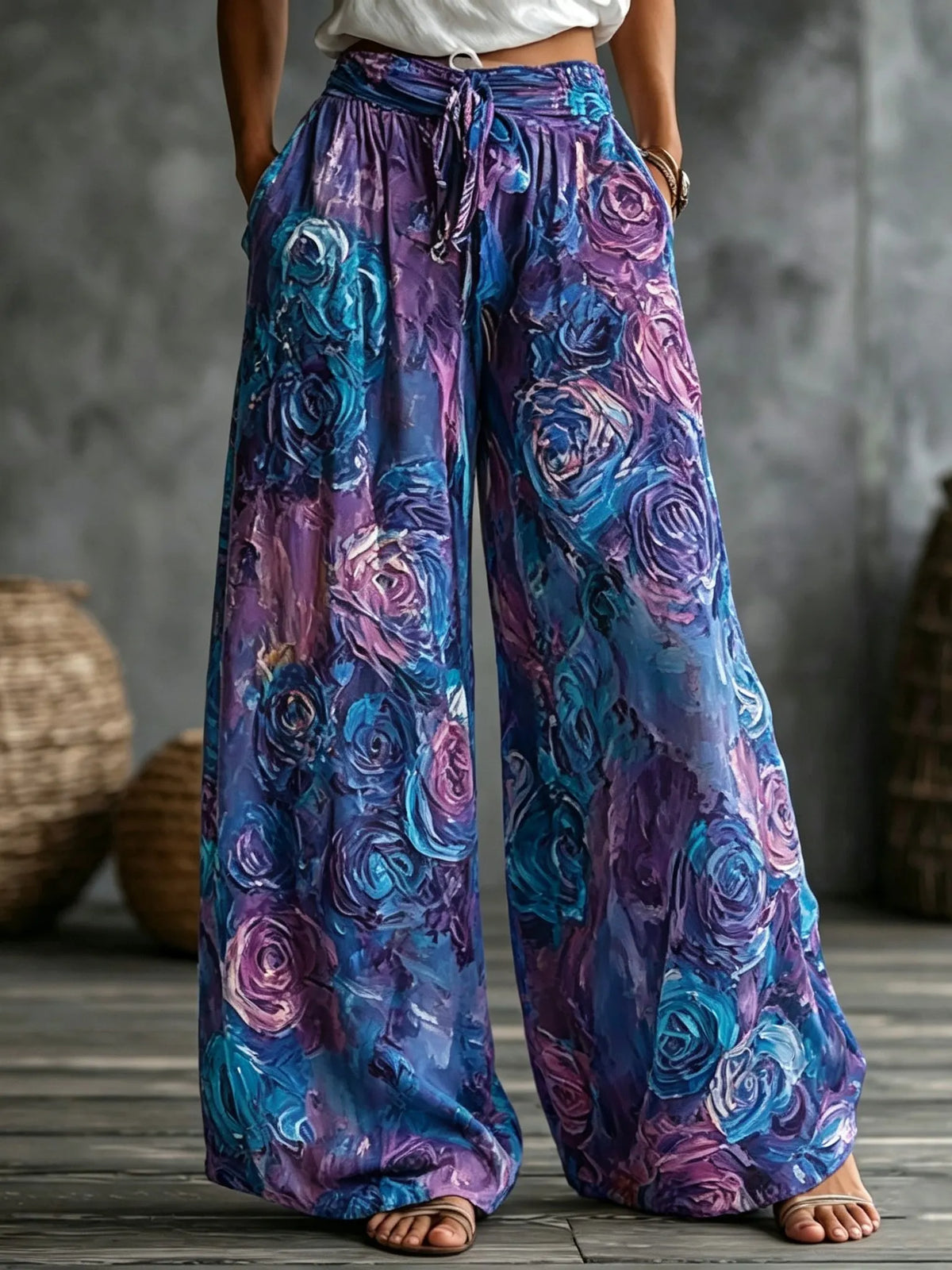Women's Retro Bohemian Style Floral Rose Print Casual Pants