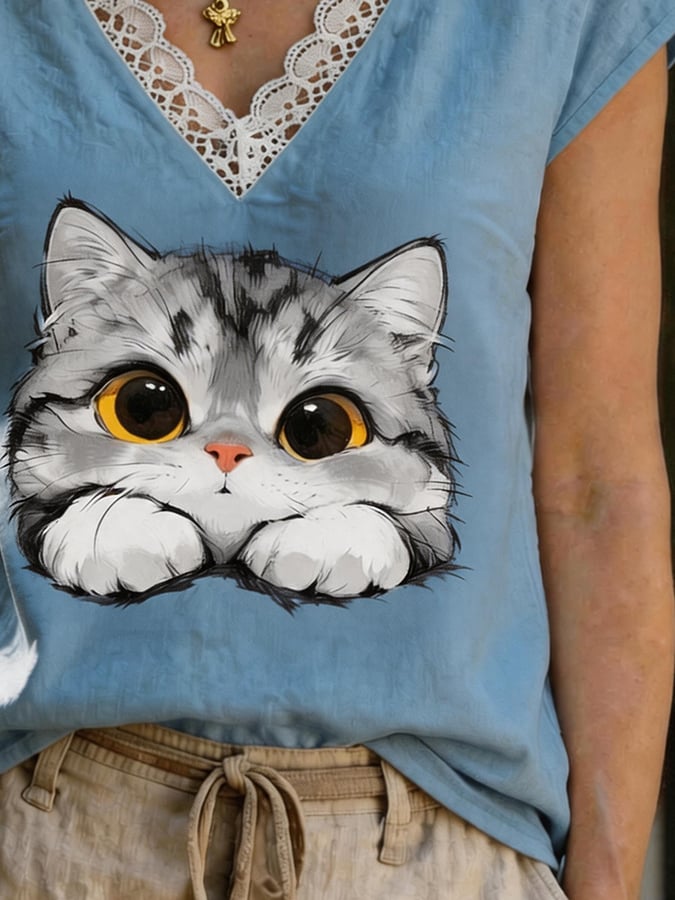 Lace Trim V Neck Cute Cat Graphic Cap Sleeve Casual Blouse