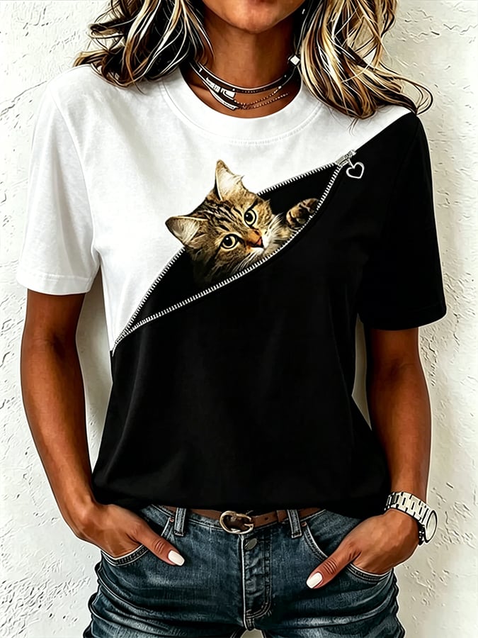 Women's Cute Cat Print Casual T-shirt