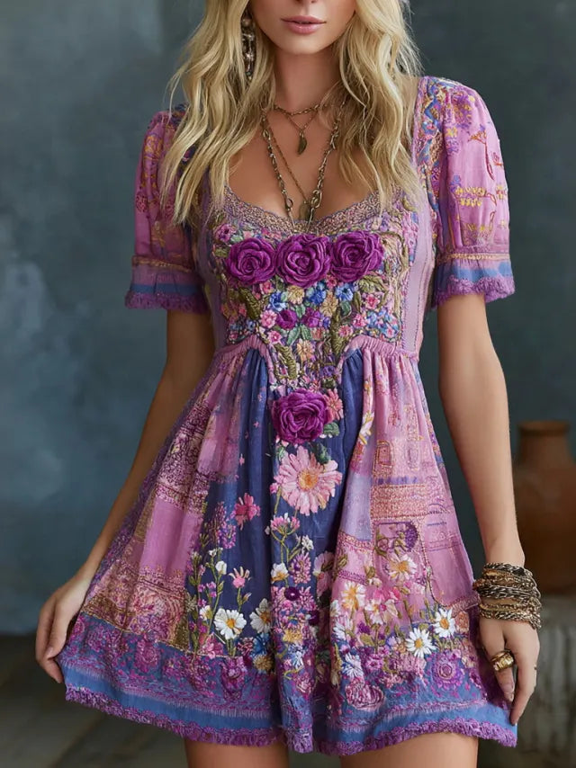 Women's Retro Floral Art Embroidery Cotton Linen Round Neck Dress