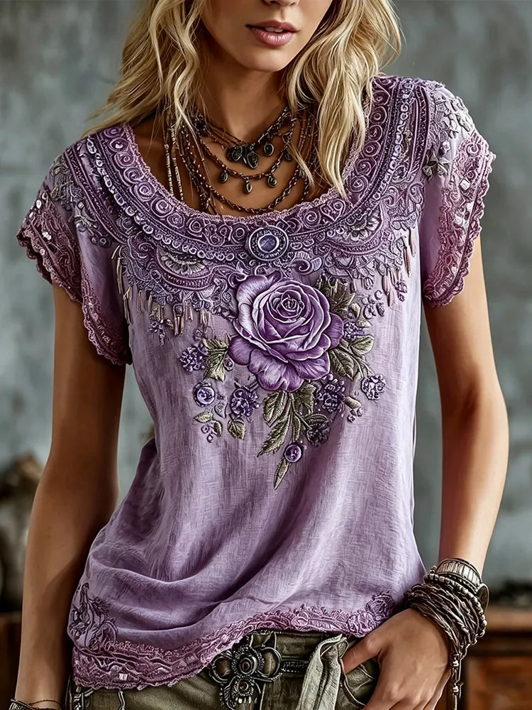 Women's Vintage Rose Embroidery Art Short Sleeve Linen Blend T-shirt