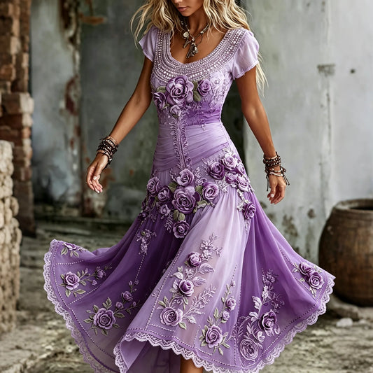 Women's Vintage Purple Rose Embroidered Art Crew Neck Short Sleeve Maxi Dress