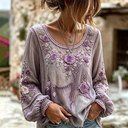 Women's Retro Rose Floral Art Flowy Long Sleeve Linen T-shirt