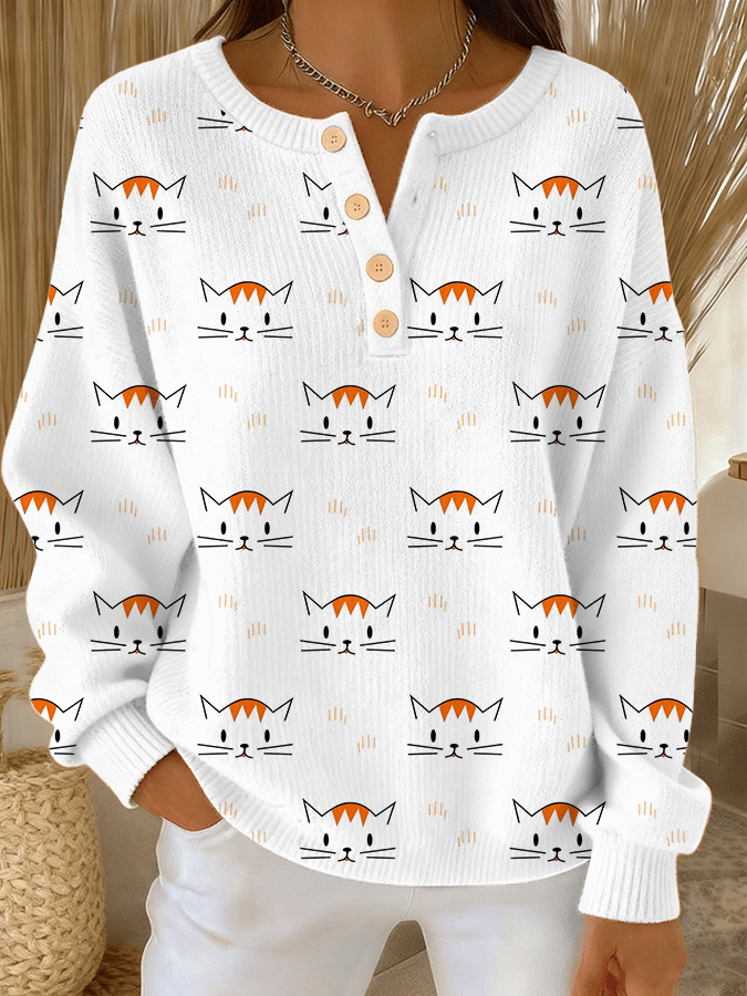 Women's Cute Cat Print Knit Button Top